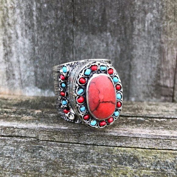 Bohemian Silver Ring with Red and Turquoise Accents - Picture 1 of 3